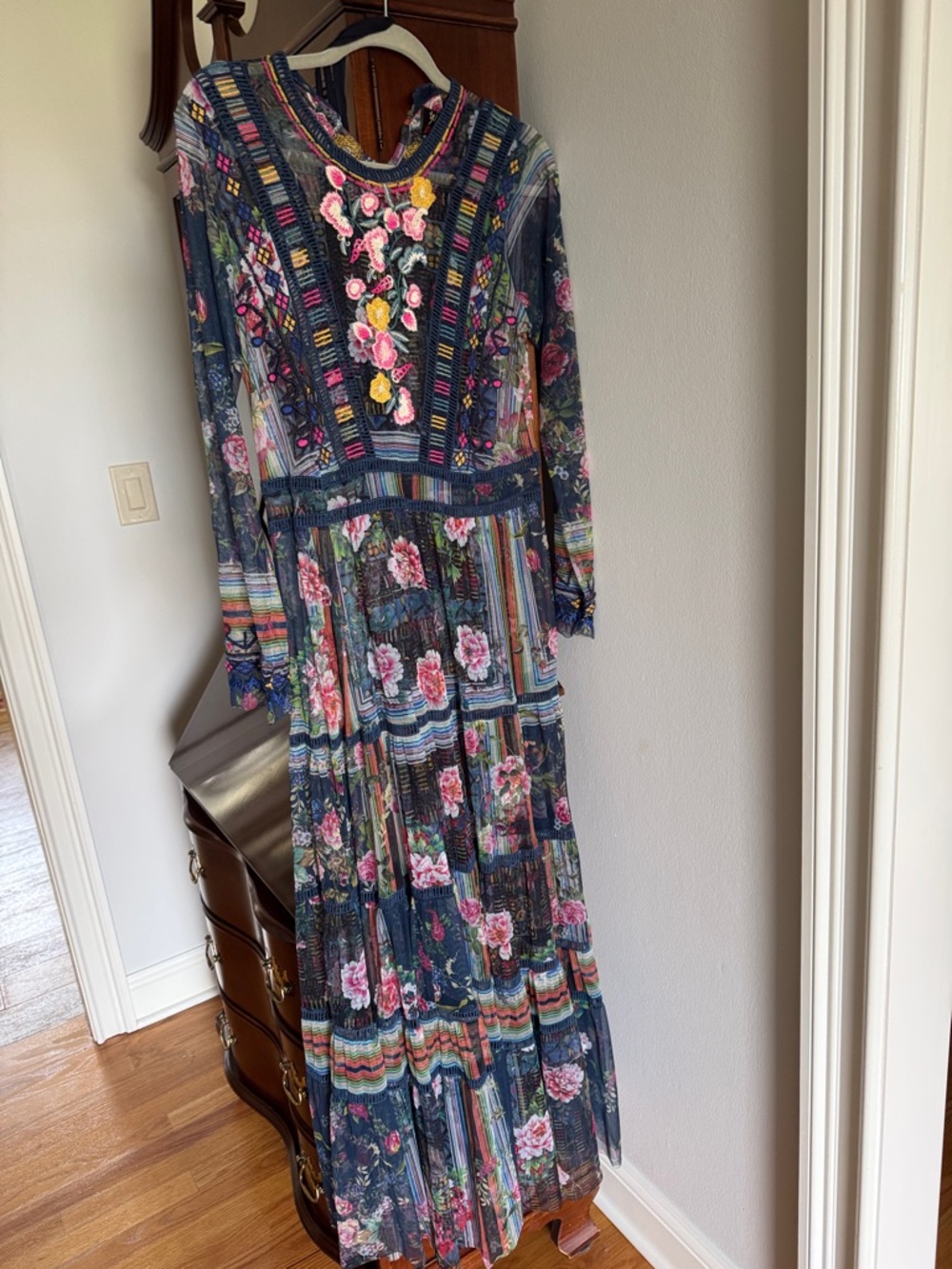 Johnny Was Navy Floral Embroidered Maxi Dress with a navy slip.